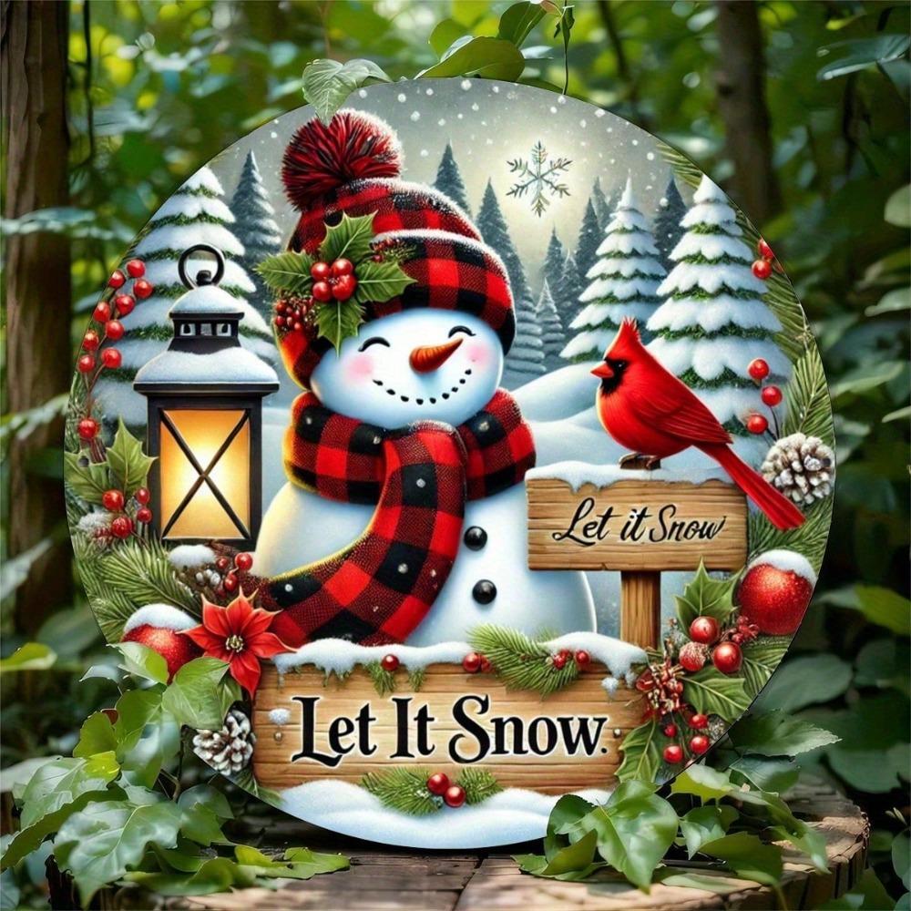 Vintage Eisen Weihnachtswandkunst Runder Kranzschild Schneemann Kardinal Feiertagsdekoration