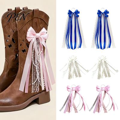 Country Style Boot Charms 1 Pair Ribbon Bow Charms, Cowboy Accessories, White Pink Blue Festival Accessories with Faux Pearls And Lace, Cowgirl