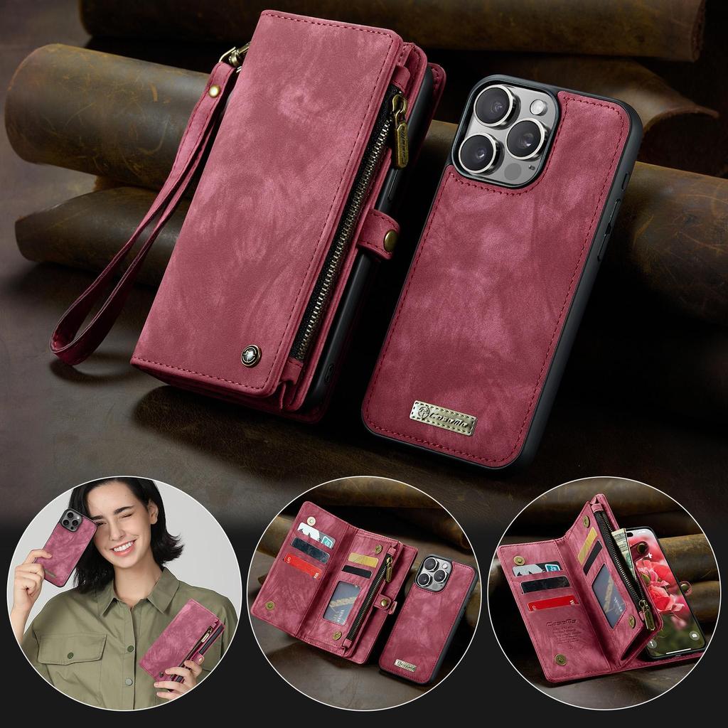 CaseMe-008 For iPhone 16 Pro Max Removable 2-in-1 Zipper Wrise Strap Multi-functional Wallet Case Card Slots Phone Cover