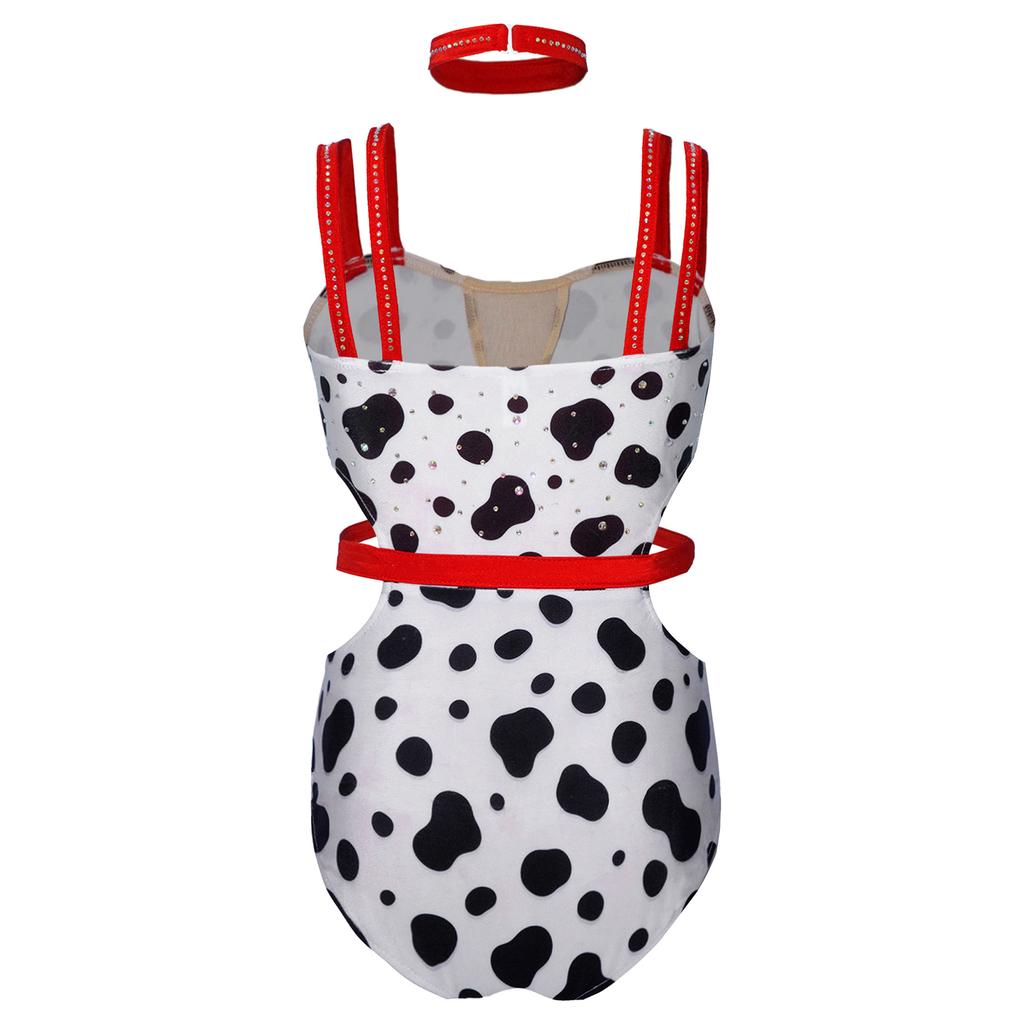 Costume de Dalmatien pour Filles Manches Courtes Double Bretelles Découpe à la Taille Maillot de Bain Scintillant Strass avec Collier pour Spectacle de Danse