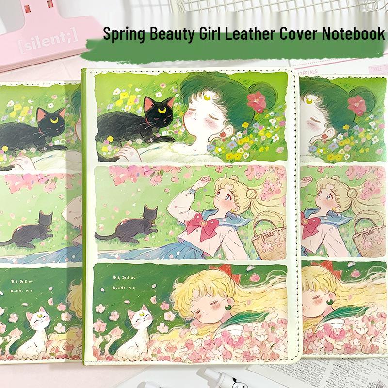 A5 Beautiful Girl Series Notebook - Trendy Leather Cover, Color Pages, Cool Cartoon Design, High-Value Student Diary