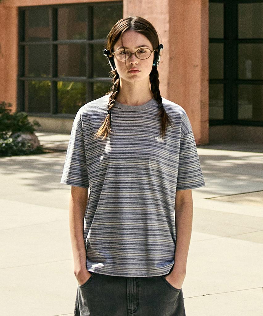 Peullukeu Retro Striped Short Sleeve T-Shirt Gray Fst343