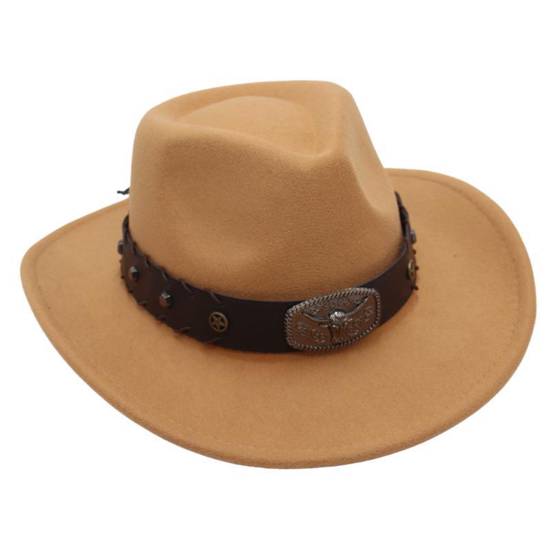 Gekreuztes Stierkopf-Abzeichen Zylinderhut Westlicher Cowboyhut Britischer Jazzhut Nationaler Stil Filzhut Ritterhut Elegant