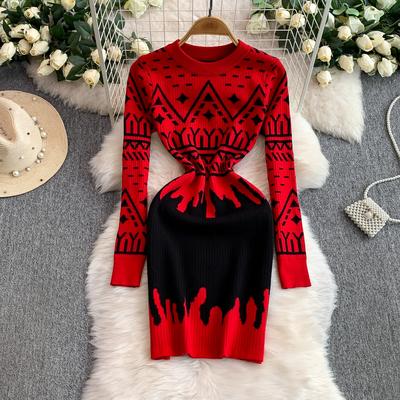Podzim Zima Dámský Vintage Potisk O-výstřih Pletený Svetr Mini Krátké Slim Bodycon Pouzdrové Šaty