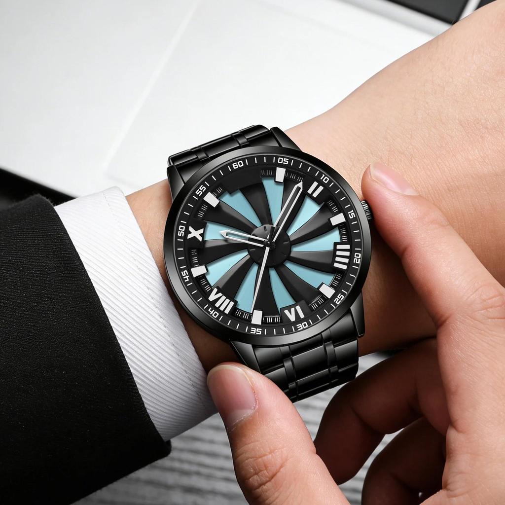 Men Quartz Watch Stainless Steel Rotating Wheel Clock Movement Casual Sports Wristwatch