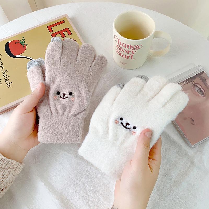 Gloves Winter Warm Student Cute Female Velvet Thickened Cycling Five-finger Cold-proof Cotton Gloves