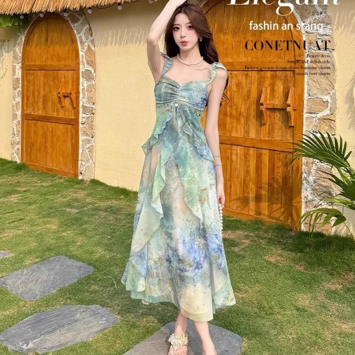 French fashion dress women's summer summer drape thin floral suspender skirt design seaside vacation style long dress