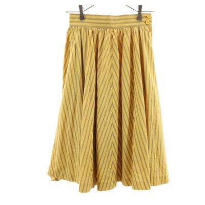 80s 90s Linen Blend Old Striped Pattern Midi Length Flare Skirt Women Used