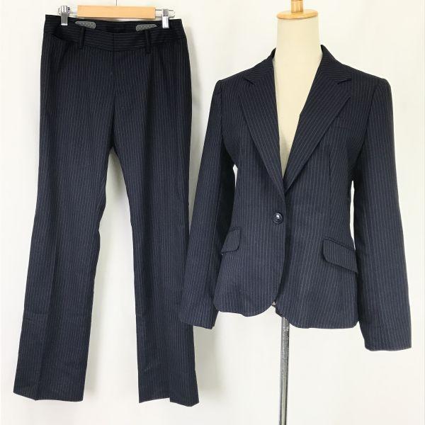 LES MUES Stretch Jacket & Pants Suit Women’s Top LL Bottom M Navy Stripe