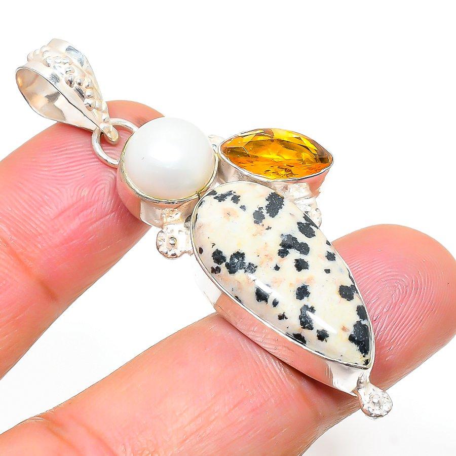 

Dalmation Jasper,Citrine 925 Sterling Silver Jewelry Pendant 2.13 G2s45