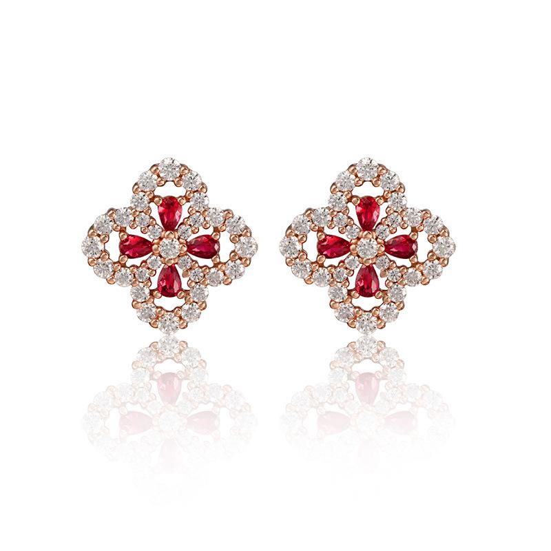 Zhou Hengfu S925 Silver Cultured Ruby Four-Leaf Clover Stud Earrings – Elegant Light Luxury Design.