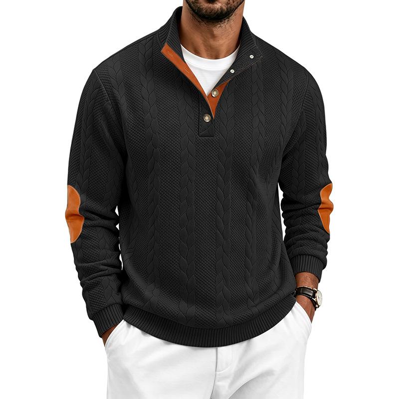 Men’s Heavyweight Jacquard Casual Button-Patch Stand-Up Collar Henry-Neck Long-Sleeved Sweatshirt