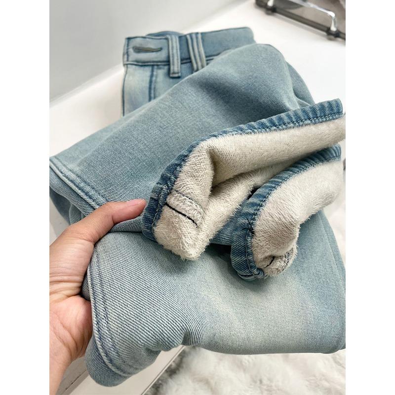 Fleece Thickened Straight Jeans for Women, New Loose and Thin Wide-leg Pants In Autumn and Winter
