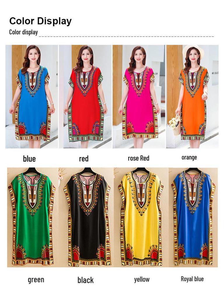 Summer Cotton Silk Loose Fit Mid-Length Bat Sleeve Dress for Women - Plus Size, Belly Covering, Slimming Beach Dress for Moms