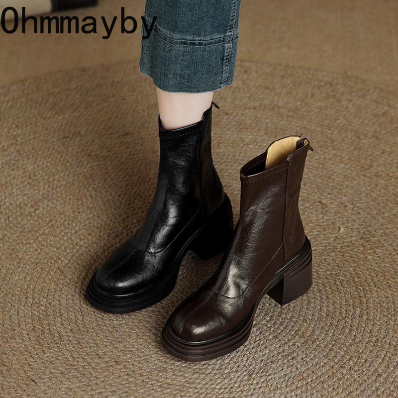 Vintage Platform Heels Women Ankle Boots Fashion Round Toe Stretch Slim Short Booties Shoes  Mujer