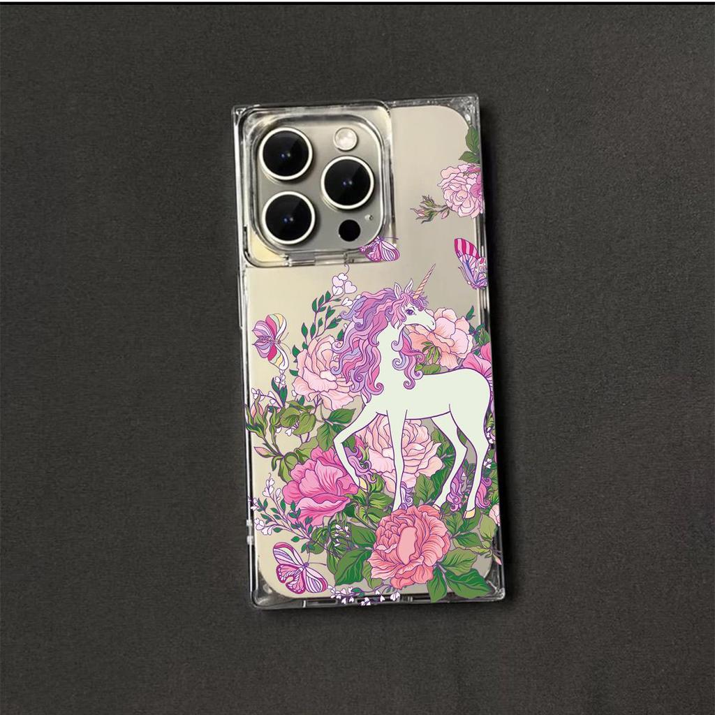 Clear Square Back Tube Case Protection For iPhone 13 14 Pro Max 16 ProMax 15 Plus 12 11 Anti-Oxygen,Butterfly Unicorn Pattern Casing