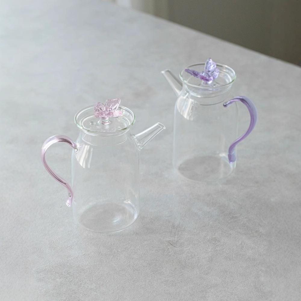 Pink Butterfly Glass Teacup Teapot Chinese Retro High Borosilicate Glass Song Style Handled Pot White Tea