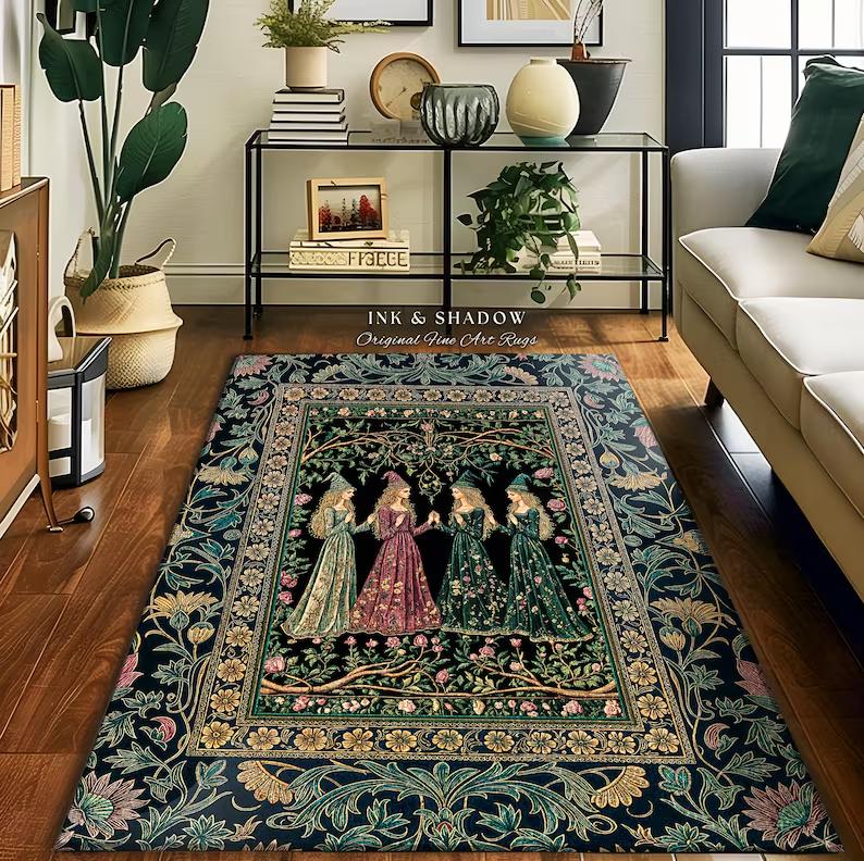 

Vintage Four Witches Dancing Area Rug William Morris Style Floral Border Print Floor Mat for Living Room Bedroom Witchy Decor 40X60CM