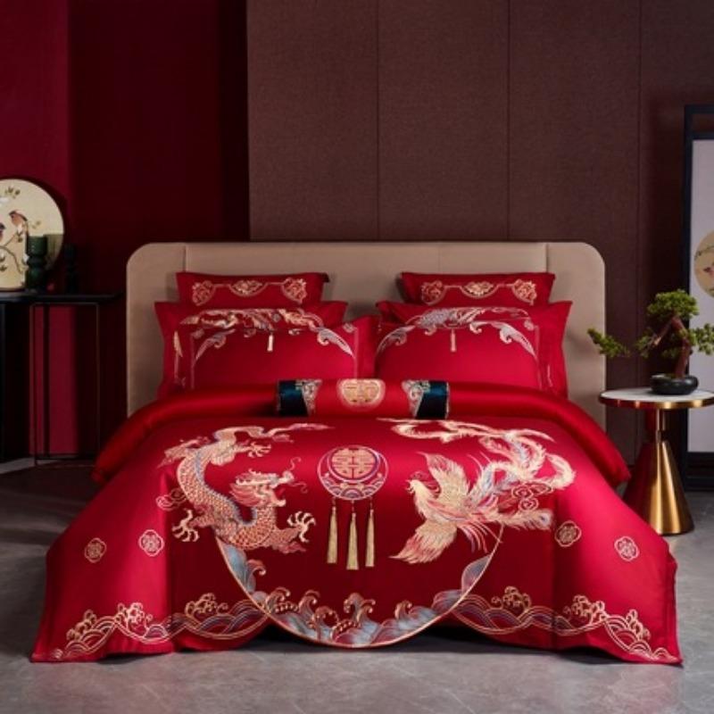 New Chinese style big red embroidery wedding quilt cover polished wedding room bedding wedding four-piece multi-piece set
