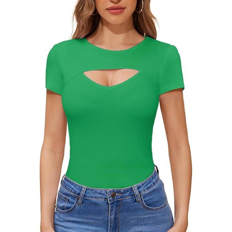 New Fashion Spring and Summer Sexy Hollow Threaded T-Shirt Top Casual Crew Neck Short Sleeve Women
