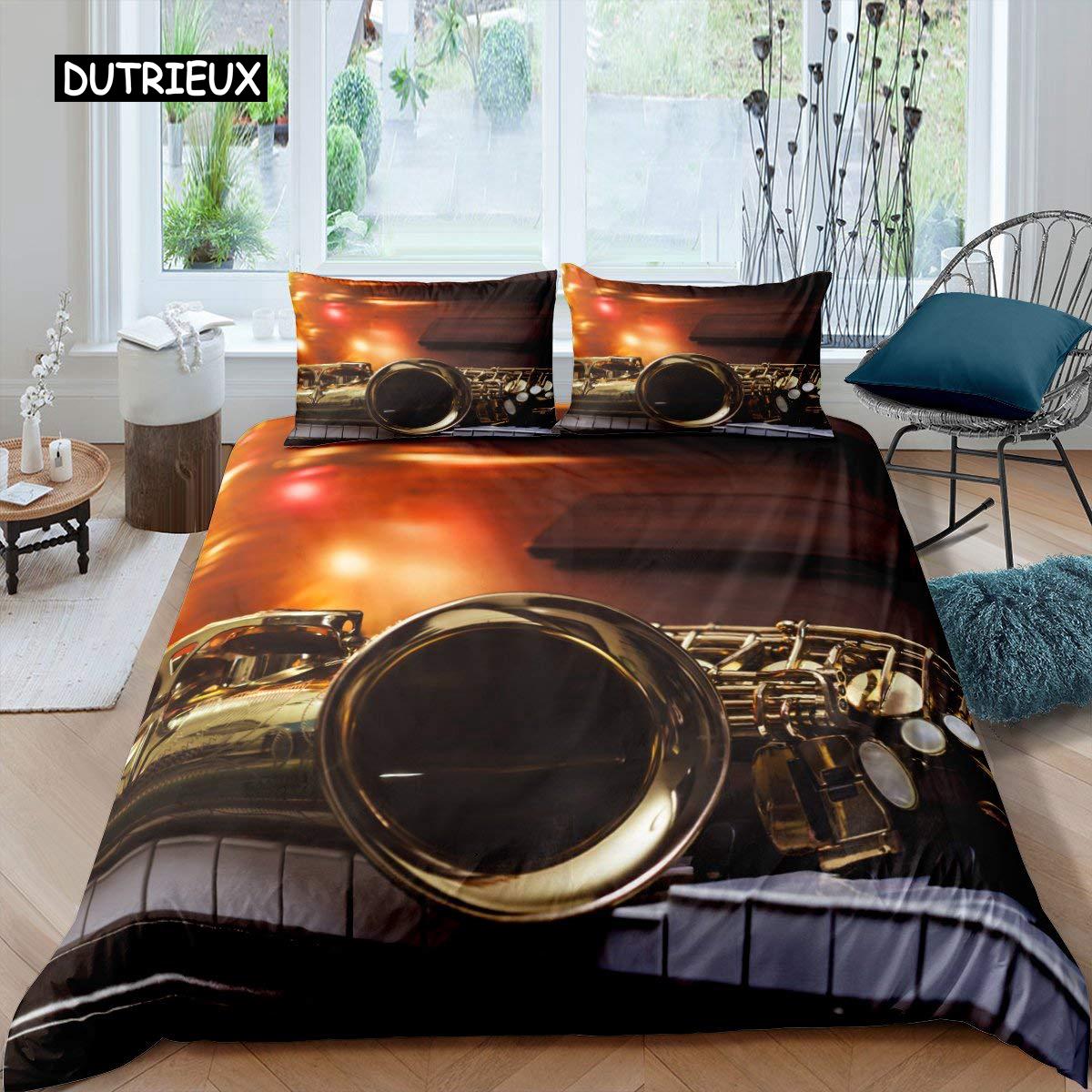 

Комплект пододеяльника для саксофона, вращающиеся музыкальные ноты, постельный комплект, музыкальный инструмент, ретро, джазовая музыкальная тема, пододеяльник размера твин для детей EU single(135x200cm)