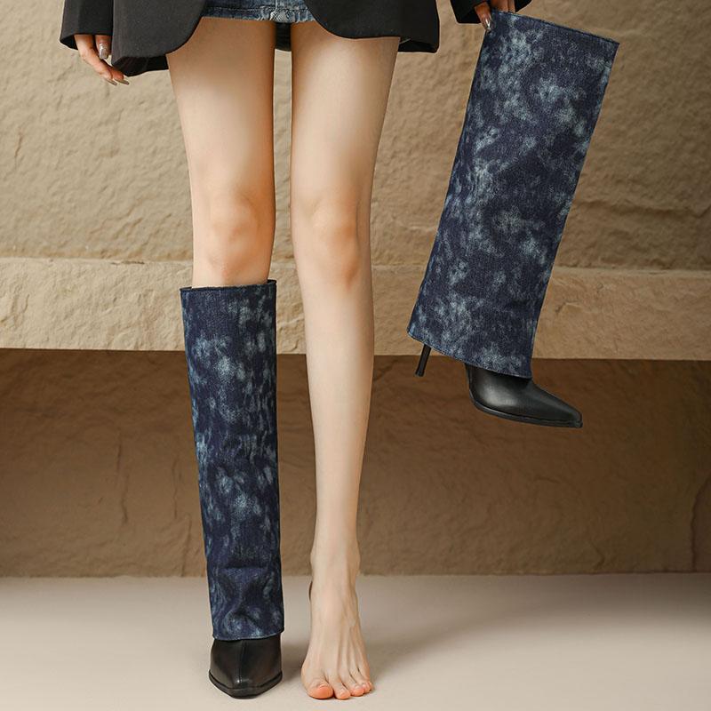 Women's High-heeled Medium Boots Autumn and Winter New European and American Style Pointed-toed Thin-heeled Large-size Cowboy Pipe Boots