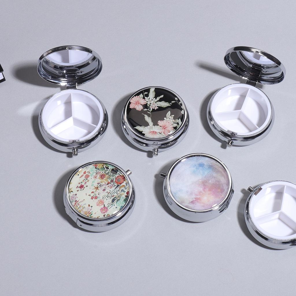 outdoor Metal Round Natural Flowers Pill Boxes Holder 3 Grids Medicine Case Small Portable Case Container Splitters For home