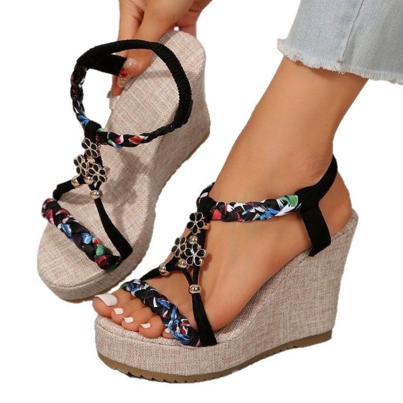 SyfIyno Summer Sandals Women's Fashion Open Toed Knitted Elastic Belt Slope Heel Thick Bottom High Heel Sandals Eleven Styles
