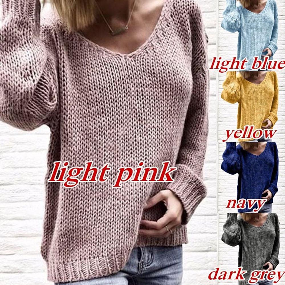 Women's Fashion V-neck Long Sleeve  Solid Color Sweaters and Knitted Sweaters