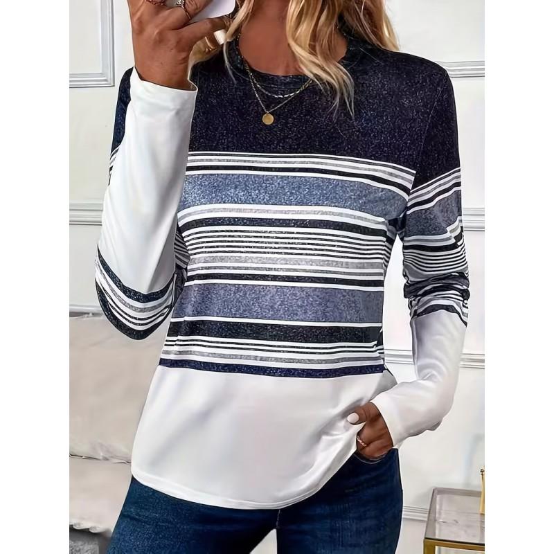 Color Block Striped Crew Neck Long Sleeve T-Shirt Slim Fit Casual Top Daily Wear