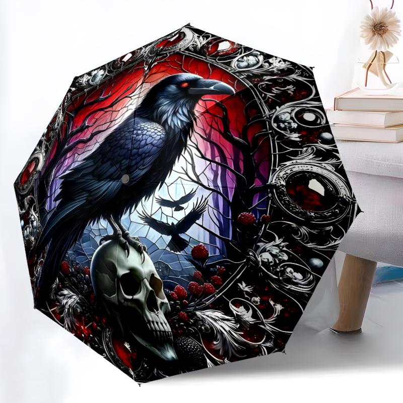 1PC Crow Raven Skull Umbrella Portable Folding Umbrella Iron Frame Hole Bone Structure Outdoor Home Umbrella