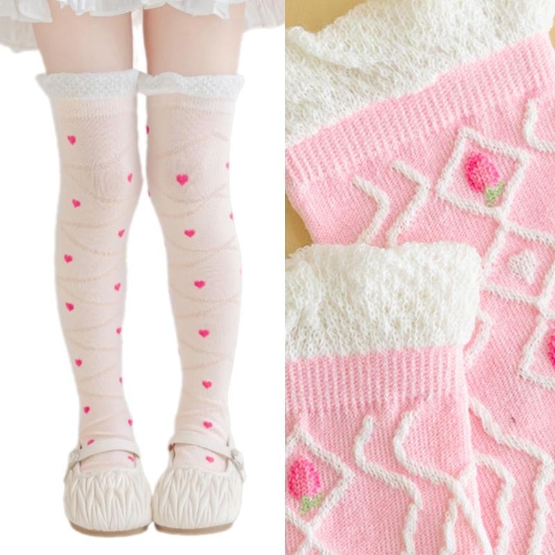 Children's Knee Length Cotton Socks Baby Girls Long Tube Socks Soft Stockings Flower Pattern for School Uniforms