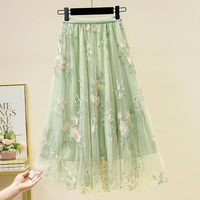 Women Spring Fall High Waist All Match Embroidery Flower Mesh A Line Skirt