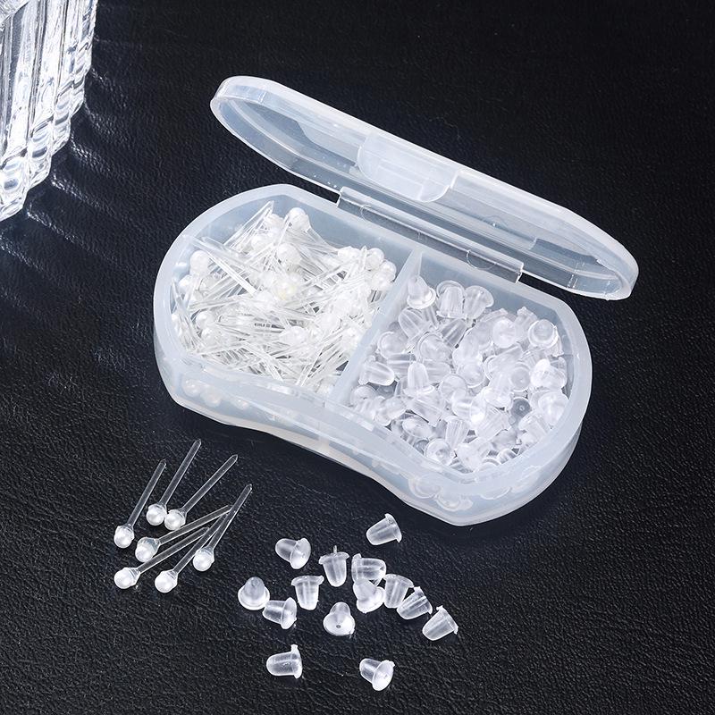 Transparent Ear Piercing Studs with Backs, 2-Compartment Box for Healing Women’s Earrings, Plastic Sticks