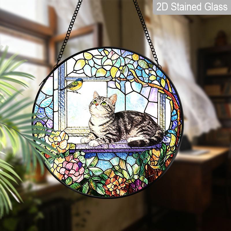 2D Flat Stained Glass Cat Window Decoration, 7.87inches Cat On The Windowsill Flowers Design Colored Glass Plate with Chain, Charming Spring Summer