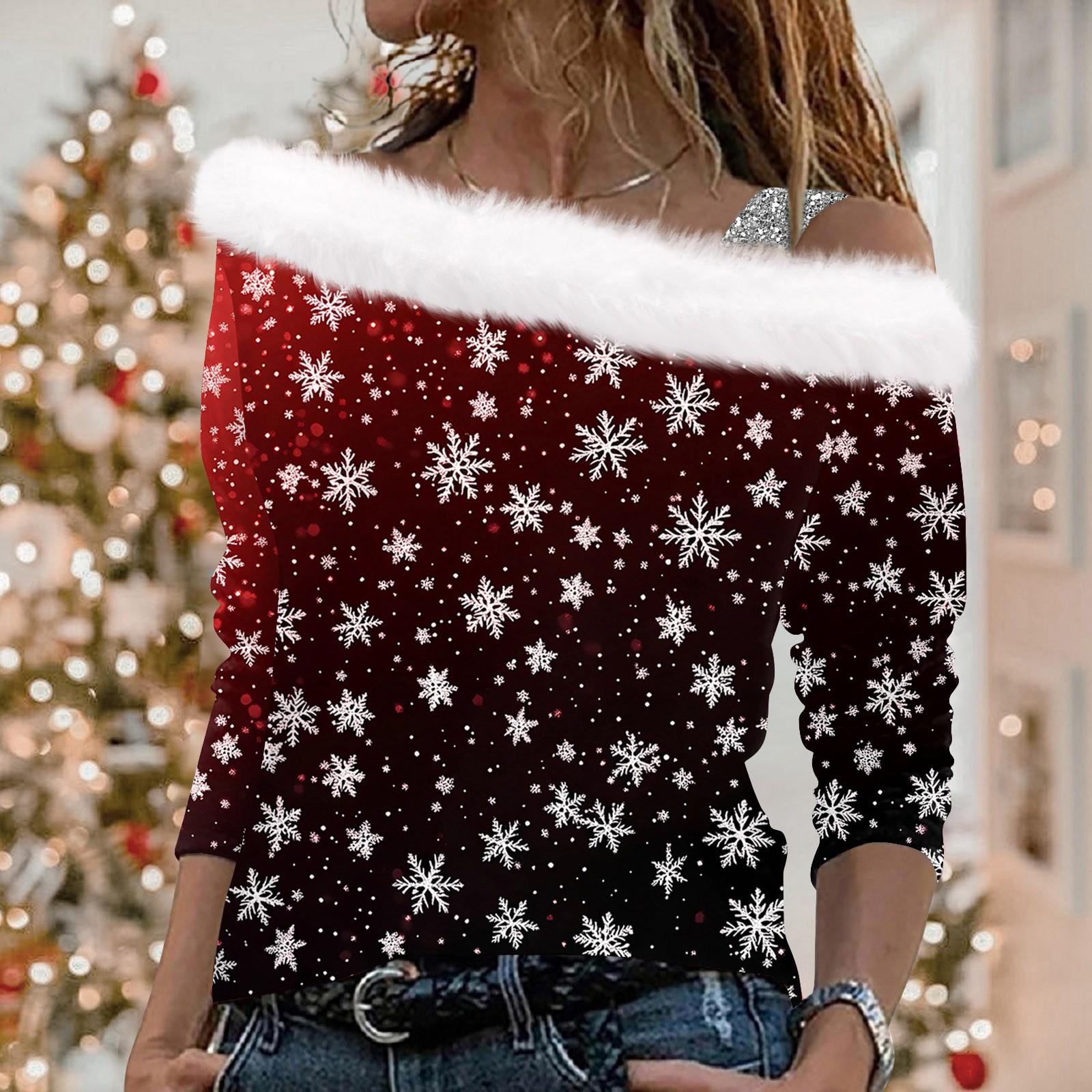 

Женские топы с длинным рукавом, модные женские свободные пуловеры с рождественским принтом и открытыми плечами S