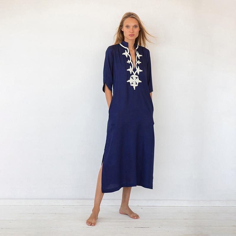 European & American Rayon Stand-Up Collar Embroidered Long Beach Robe for Women