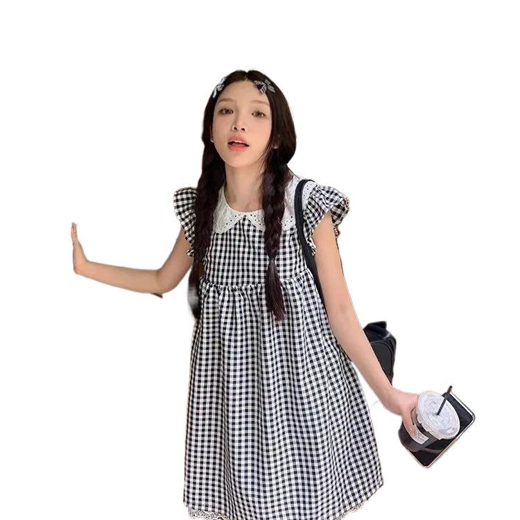 Black & White Plaid Flutter Sleeve Summer Dress with Lace Patchwork - Women's A-line Slimming Skirt