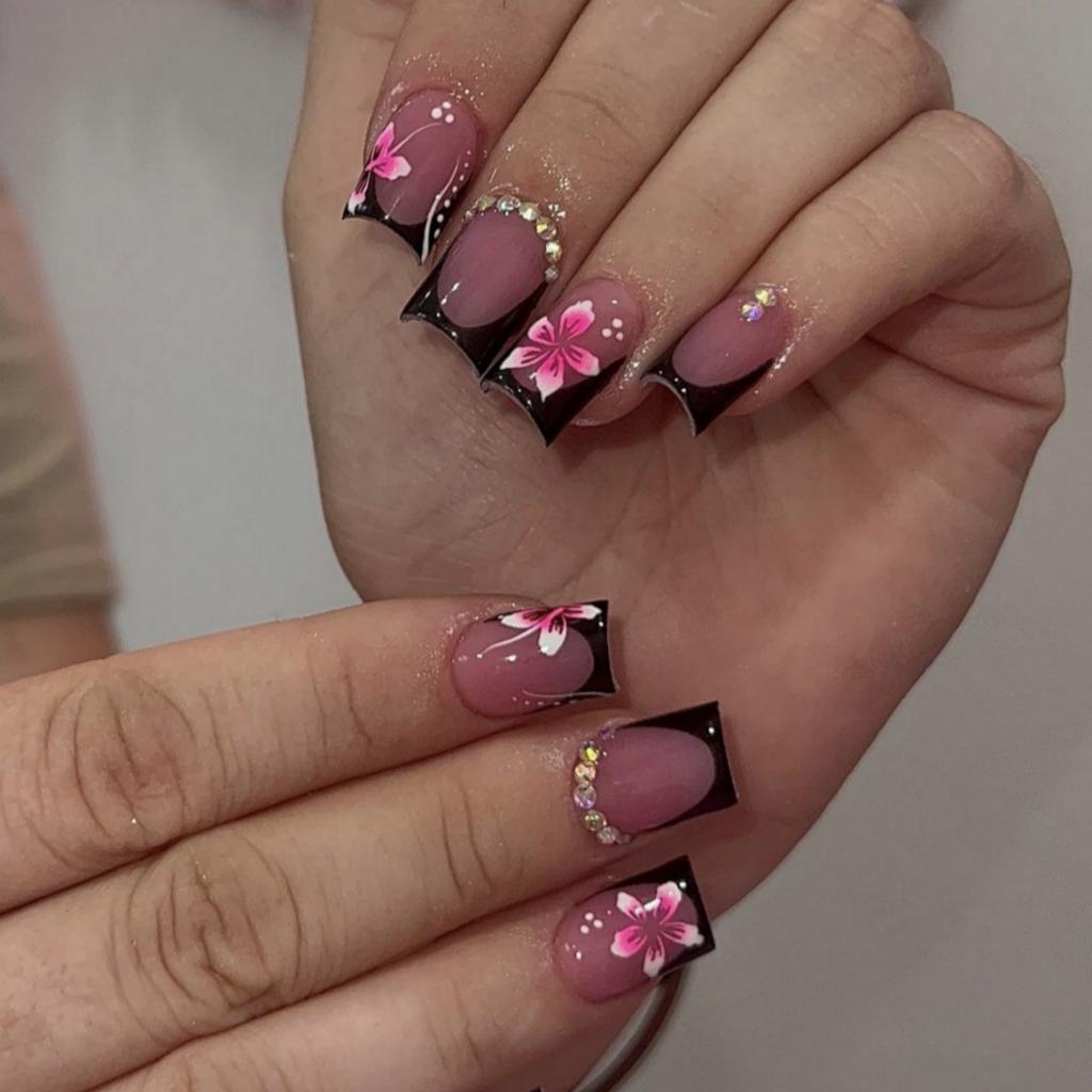 24 Piezas/Set Uñas Postizas Cuadradas Cortas Kit de Uñas Postizas Decoradas con Pedrería DIY para Mujeres, Kit de Arte de Uñas para Fiesta de Niñas Suministros para Uñas