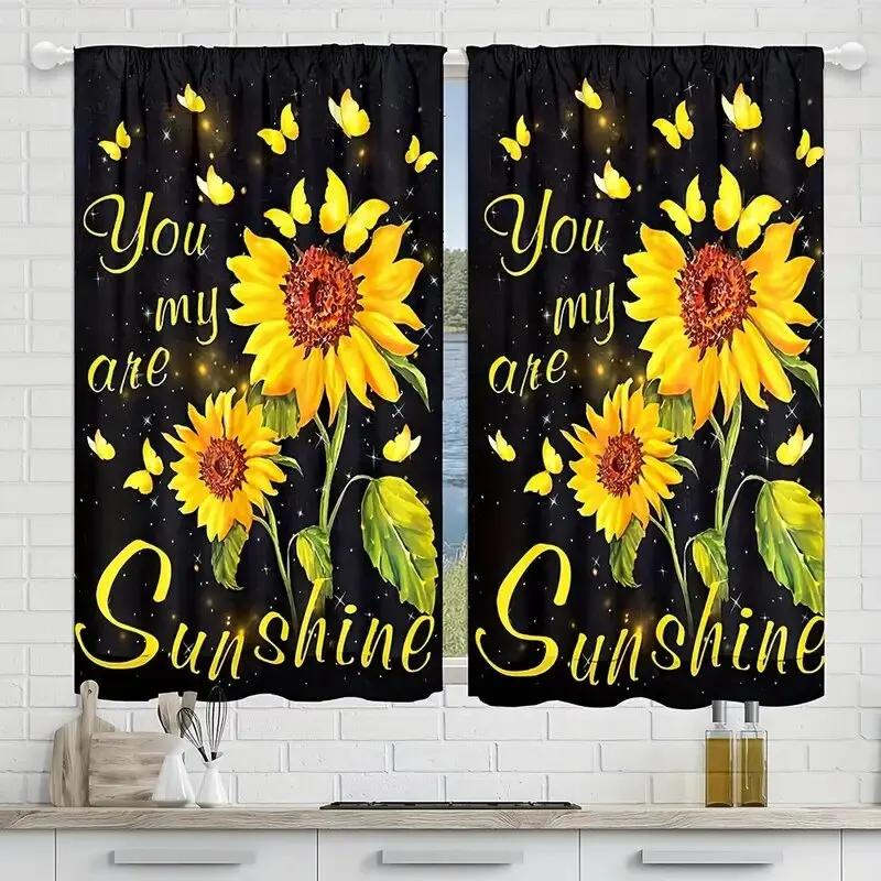 Set Of 2 Golden Butterfly Sunflowered Pattern Printed Curtains Window Decorations Home Room Curtain Polyester