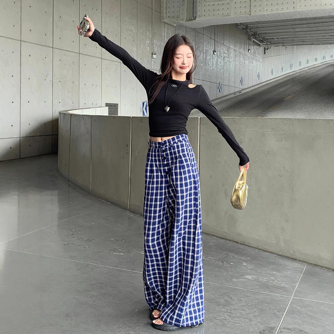 

Women s High-Waisted Blue Plaid Wide-Leg Trousers for Summer and Early Autumn XS (60-79 jin)