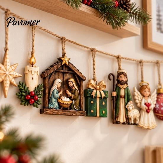 Vintage Christmas Tree Pendants Retro Wooden Nativity Pendant for Decoration, Rustic Manger Religious Holiday Decorations Hanging Banner with