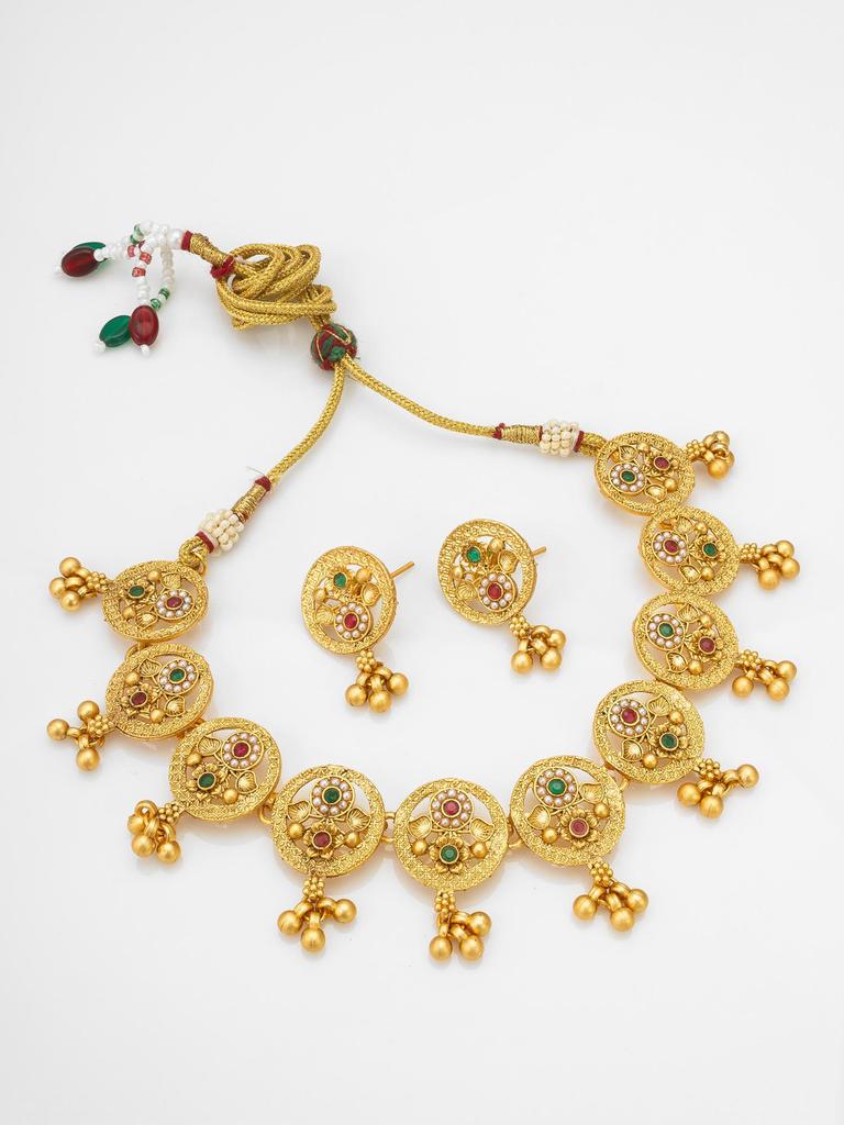 Gold-Plated White Stone-Studded & Beaded Jewellery Set