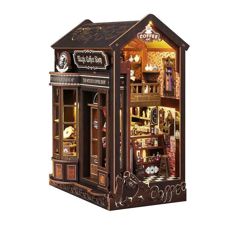 

Retro Magic Coffee Shop DIY Wooden Book Nook Figurines Miniature Kits Bookshelf Home Bookend Decoration For Adult Handmade Gifts