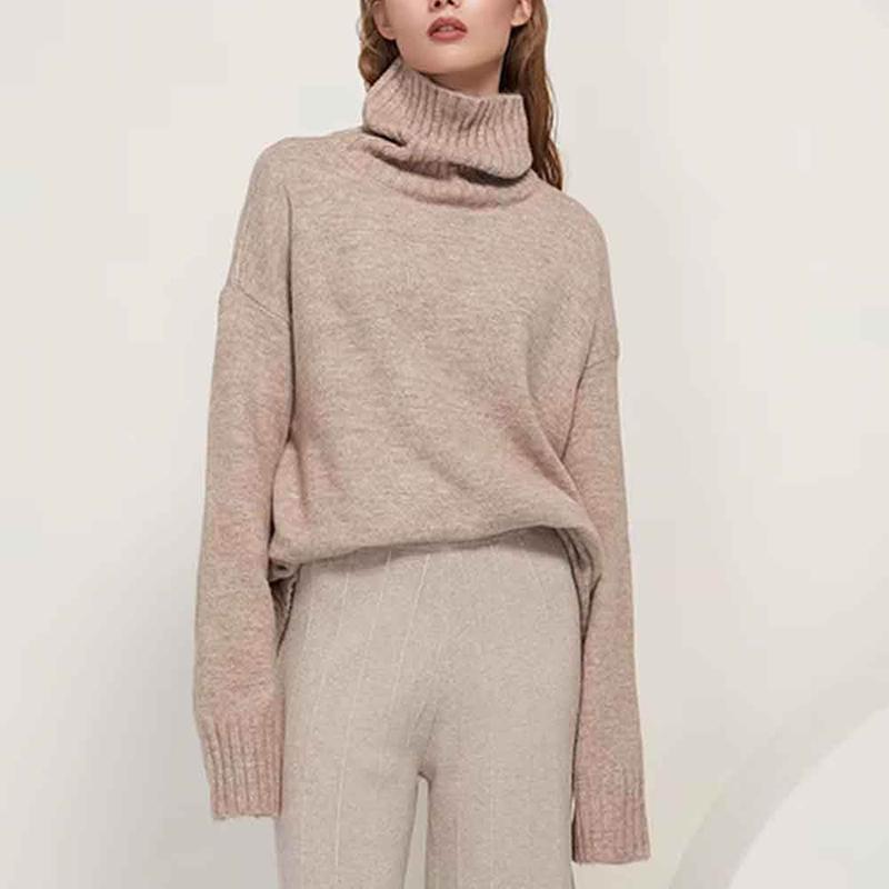 

Осенне-зимний свитер с высоким воротником женский высокого качества, с длинным рукавом, вязаный джемпер, однотонный, свободный трикотаж XL розовый