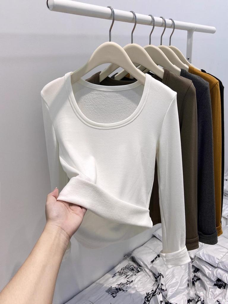 "2025 Autumn/Winter U-neck Thin Fleece Women's Long-sleeved Top: European Style with Exposed Collarbones”