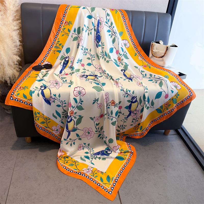 Vintage flower and bird simulation silk high sense 111cm large square scarf silk scarf printed shawl sunscreen scarf headscarf scarf