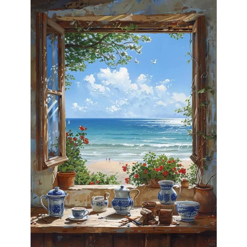 Abstract Colorful Graffiti Town Landscape Canvas Painting Modern Art Window Sea View Aesthetic Posters Prints Living Room Decor