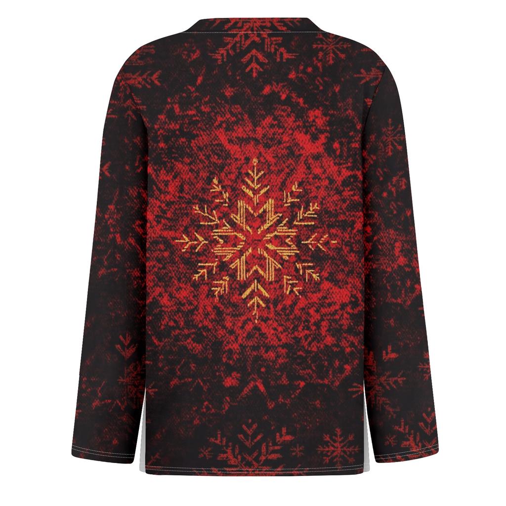 Women's Fashion Casual Slit Hem Round Neck Long Sleeve Loose Printed T-Shirt Ladies Top Christmas