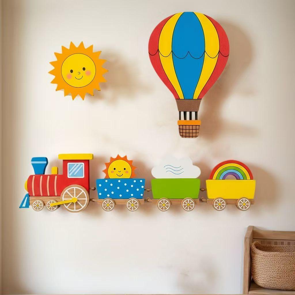 Cute Cartoon Train & Rainbow Wall Decor, Wooden Hanging Art for Kids Room
